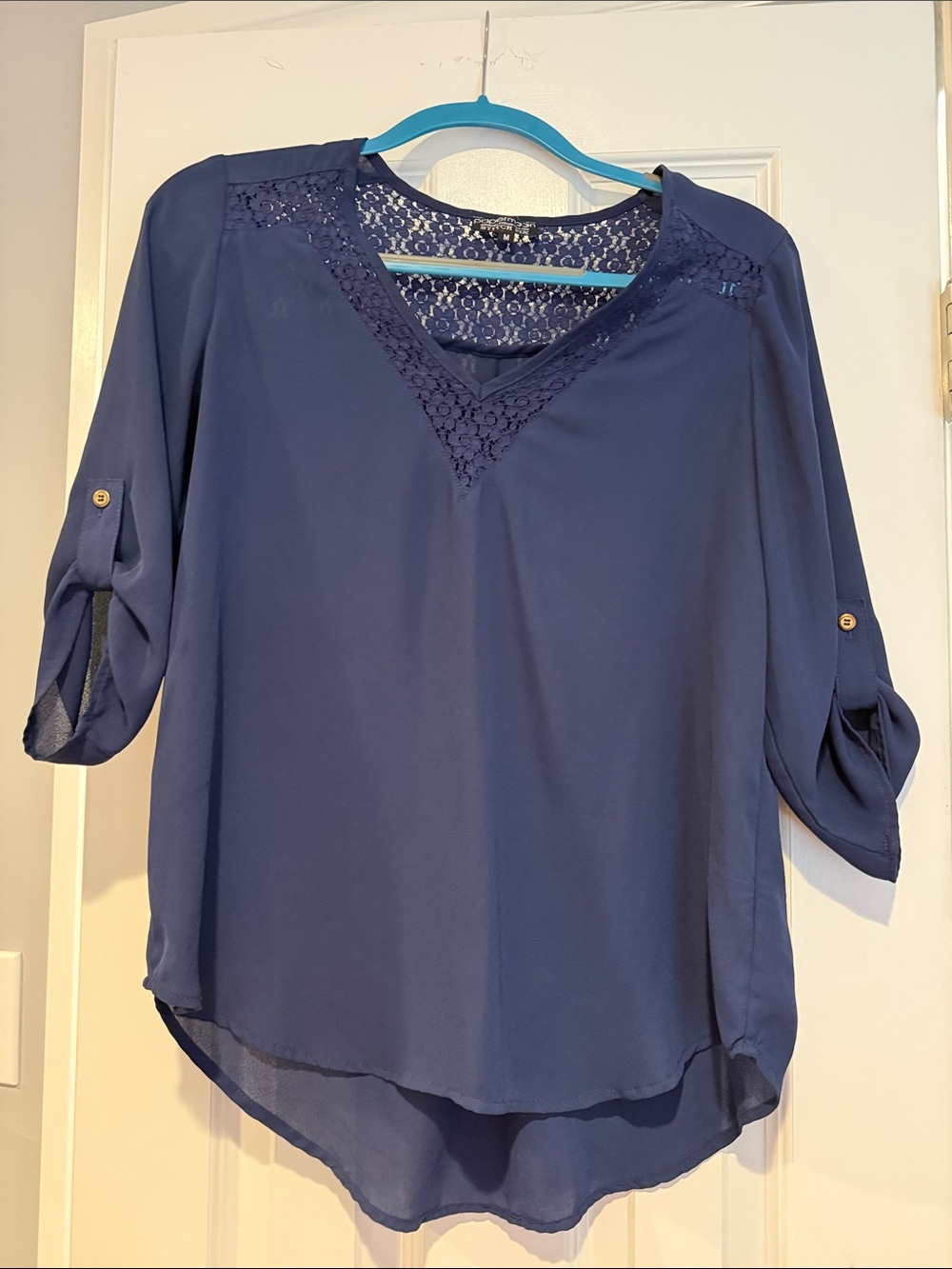 Papermoon Navy Lace V-Neck Roll-Sleeve Blouse